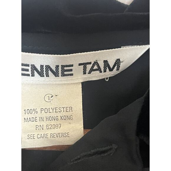 Vivienne Tam Vintage Black Crepe Crinkled Sheer Velvet Trim Top Sz 1 S/M/L - Picture 9 of 9